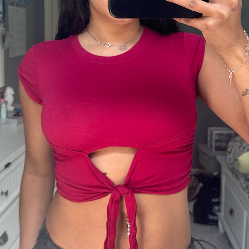 Urban Outfitters Maroon Cut Out Tie Front Crop Top